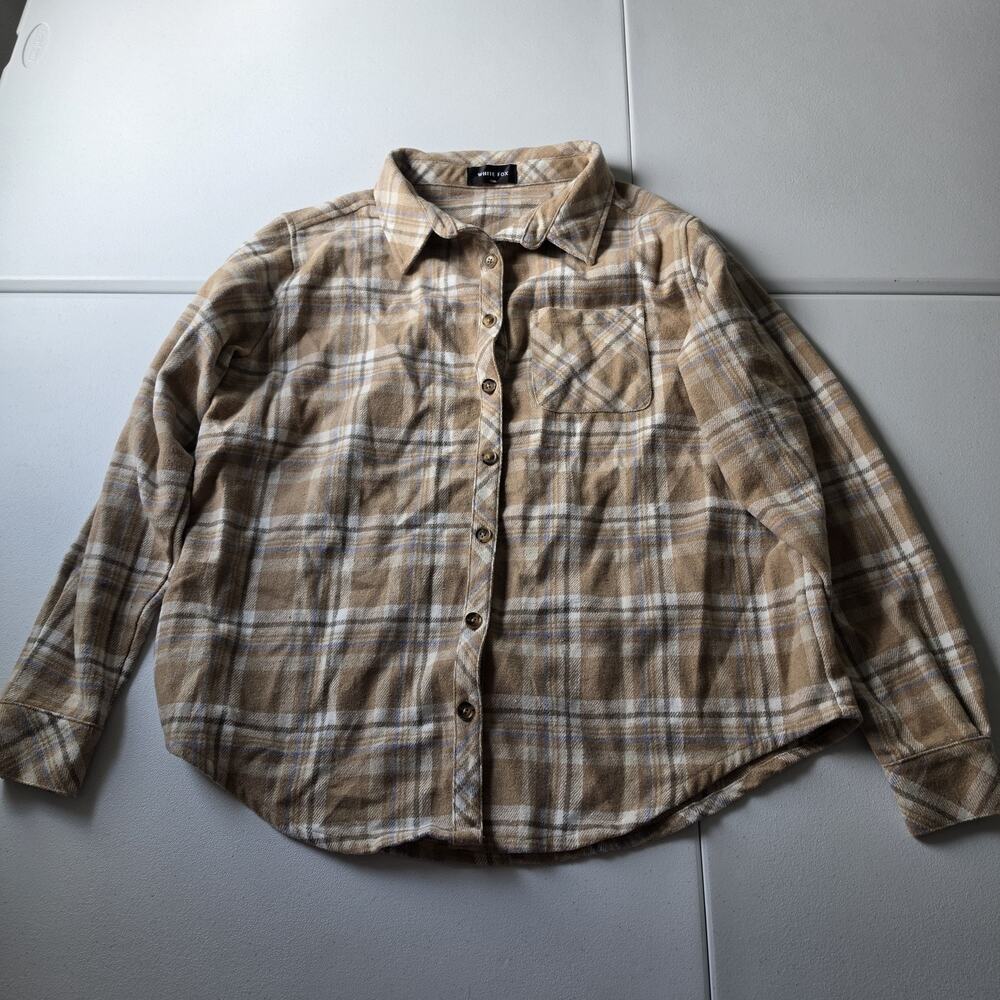 White Fox Button Up Shirt Womens S/M Beige Plaid Flannel Long Sleeve Top